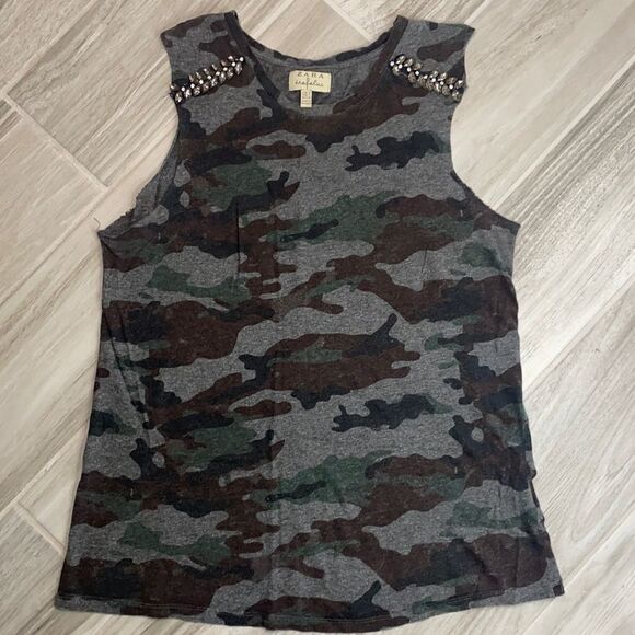 Zara Camo Sleeveless Top With Rhinestones Size Small - Picture 1 of 5